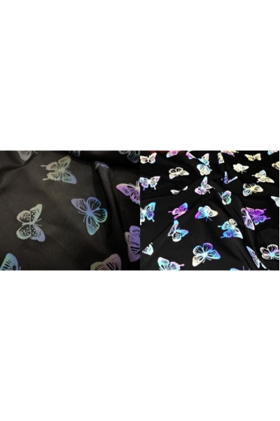 DG-CW  Multicolor Printed Reflective Stretch Fabric  Yoga Clothing  Iridescent Reflective Fabric  Silver Print Reflective Fabric  Size: Width 1.45m  Thickness: 0.45mm  Material: 100% Polyester / Polyester-Cotton / Polyester-Spandex  Reflectivity: 330-420  back view